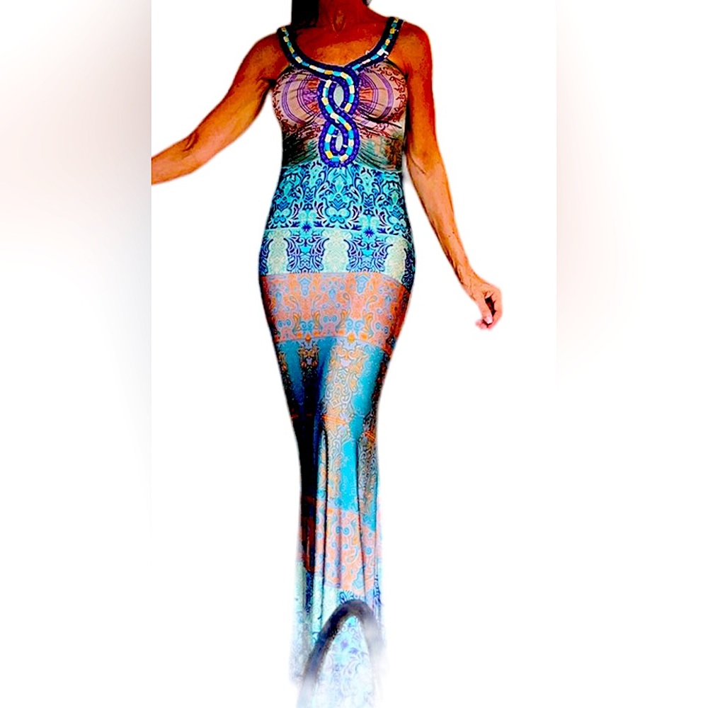 Long maxi dress turquoise and purple beaded